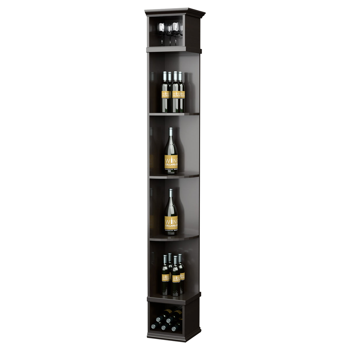 Dark gray quarter-round wine shelf with square base, five bottle shelves and top glass holder