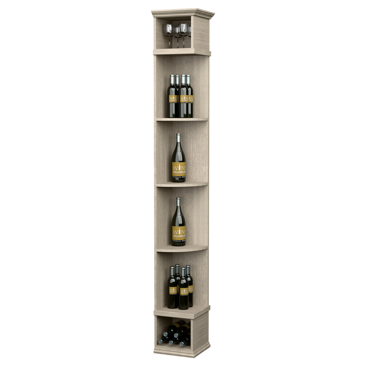 Light gray wood wine bottle display shelf with curved shelves and square base