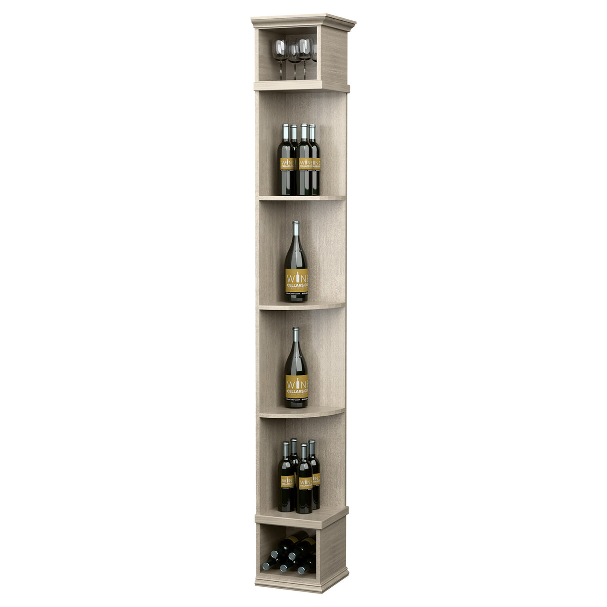 Light gray wood corner-style wine shelf with bottle cubbies and square base