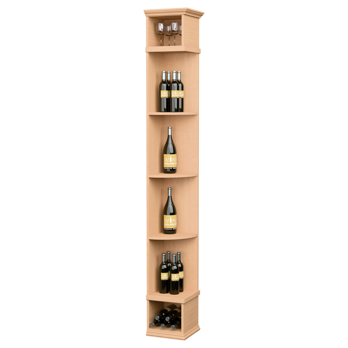 Light wood wine bottle display shelf with curved compartments and square base