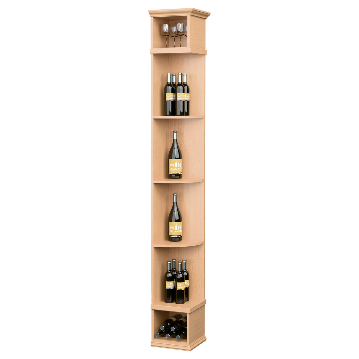 Light wood wine shelf with curved cubby shelves and square base for bottles