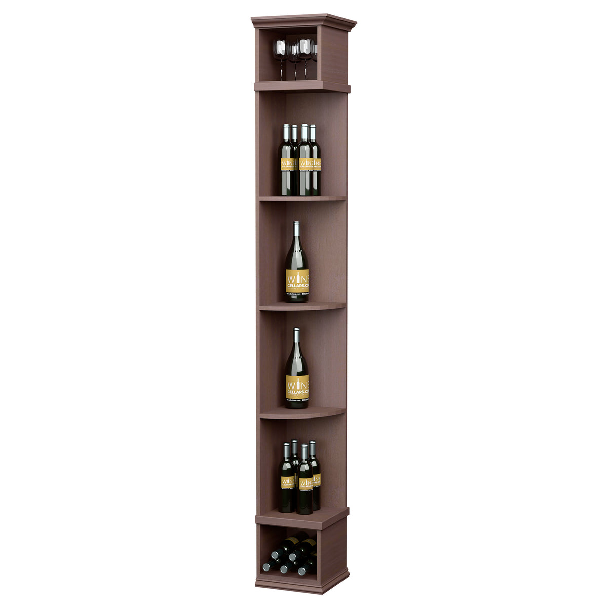 Dark brown wood wine bottle display shelf with curved cubbies and square base