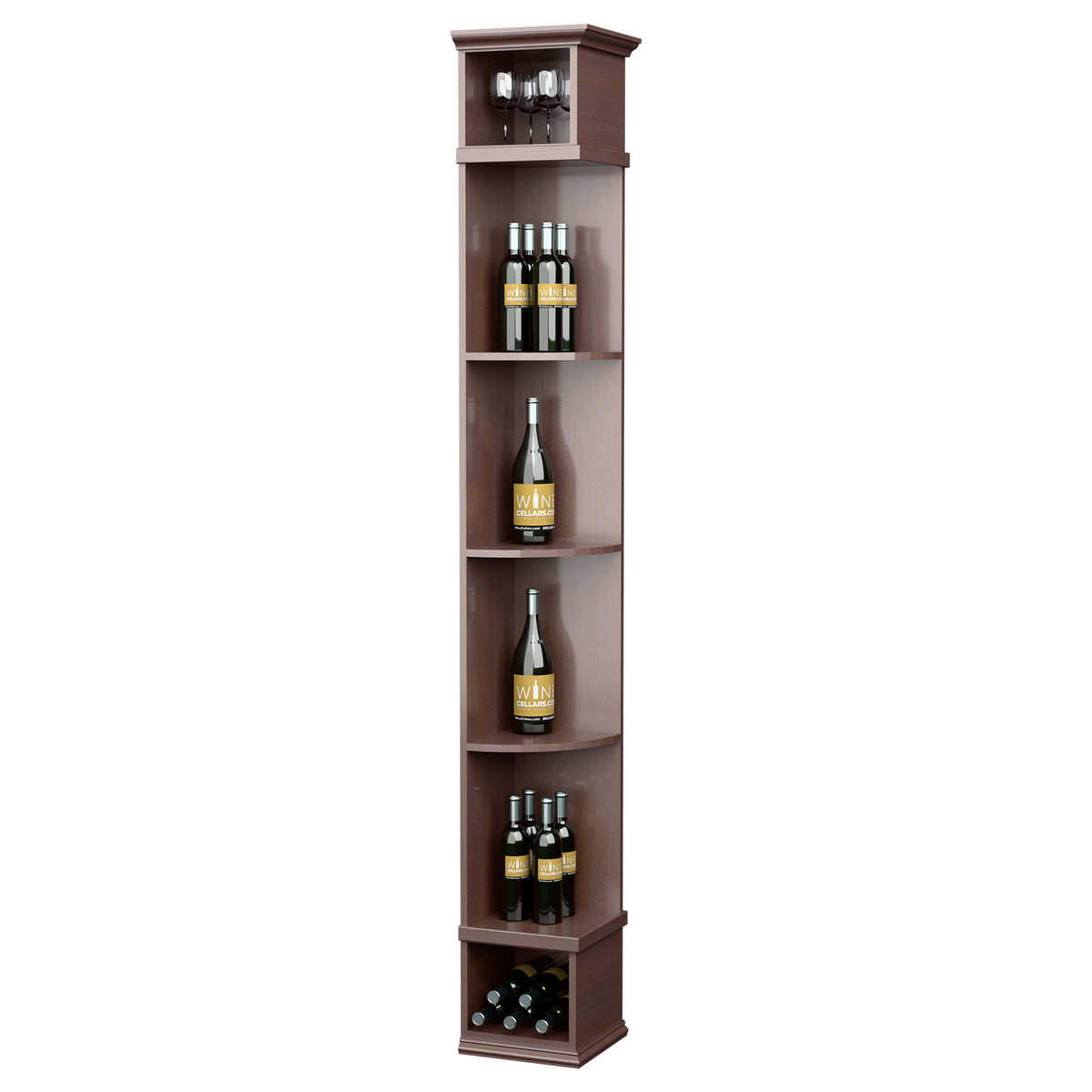 Dark brown wine shelf with curved compartments and square base for bottles