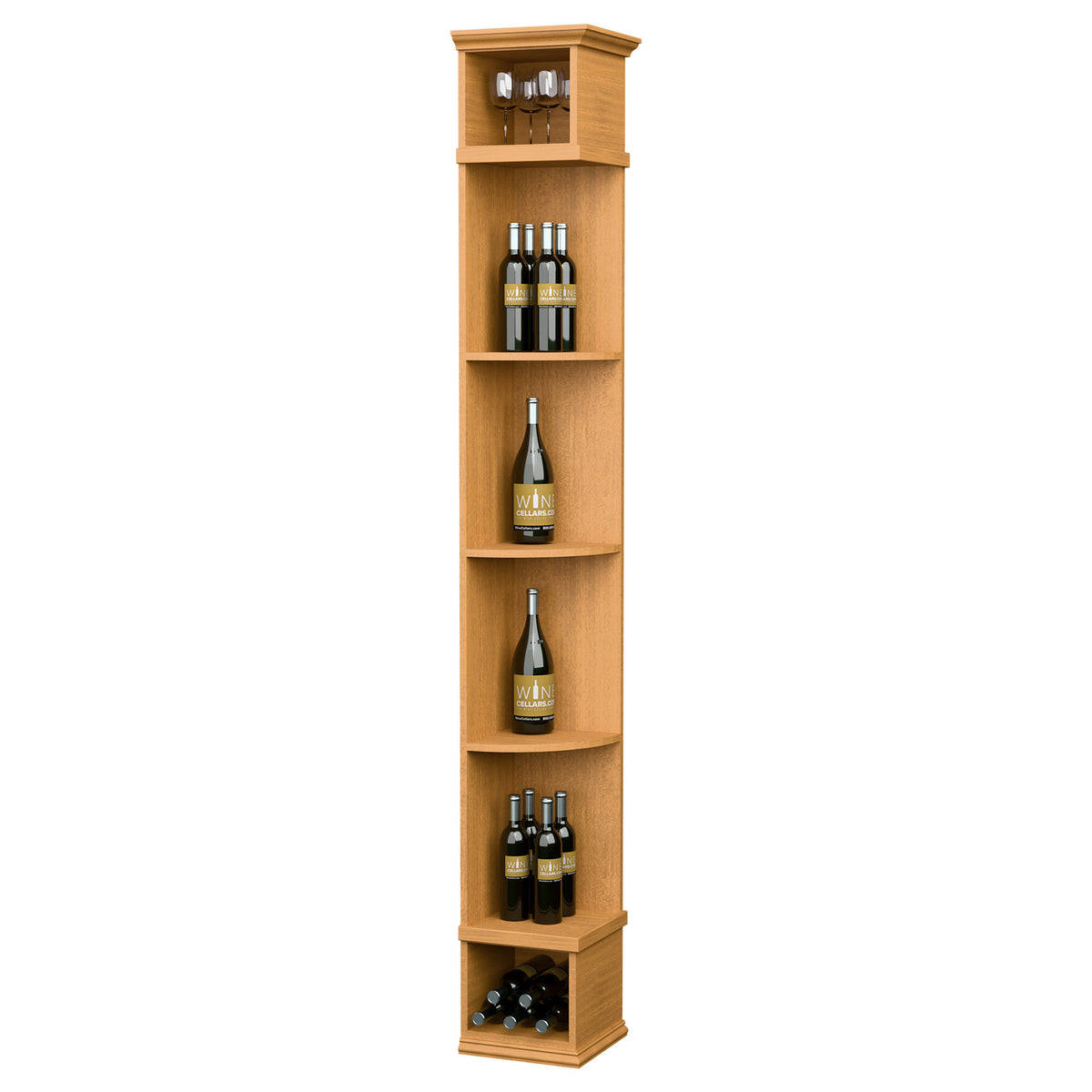 Honey-toned wood wine bottle display shelf with curved shelves and square base