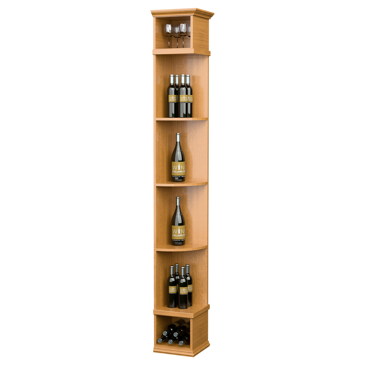 Honey wood wine bottle display shelf with curved cubbies and square base