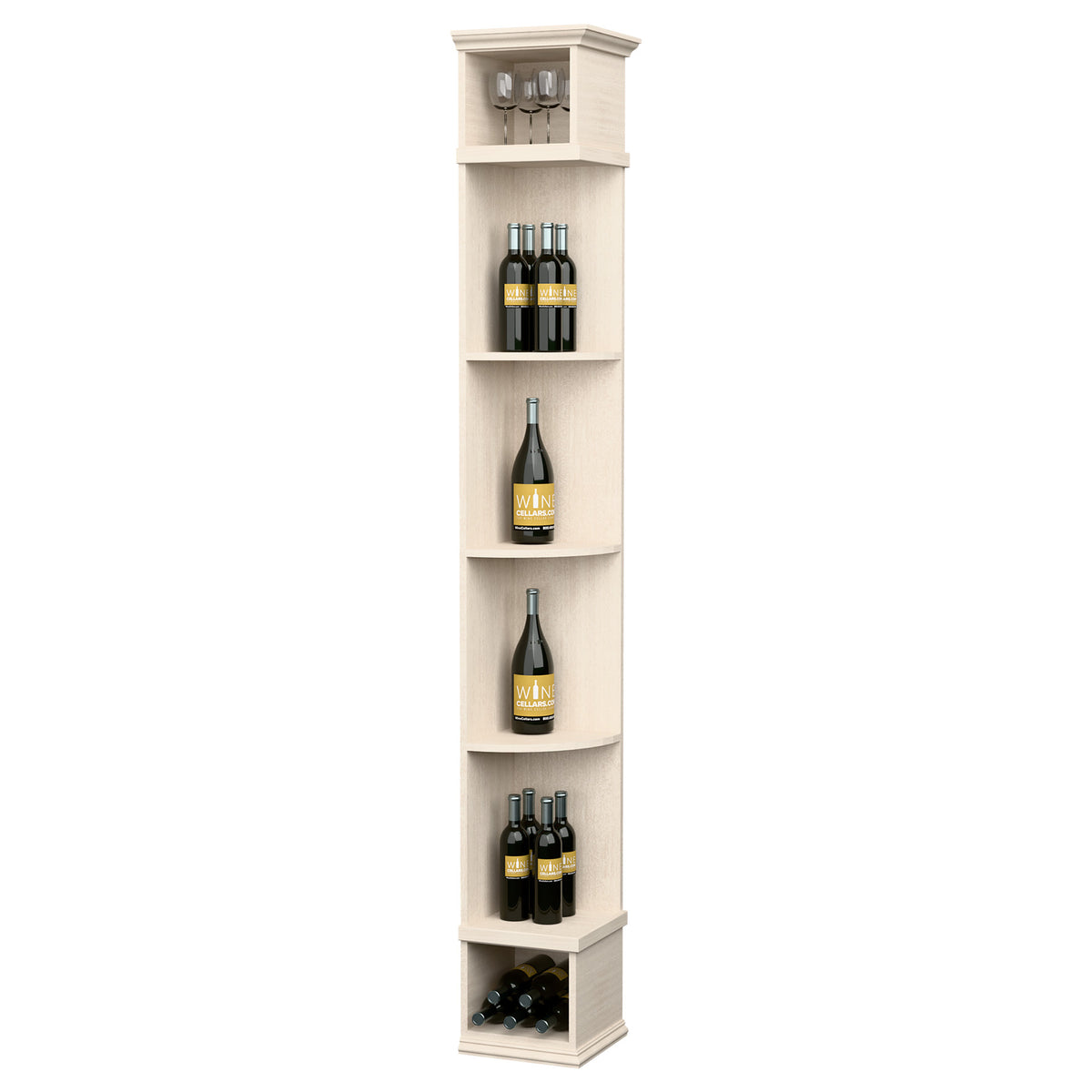 Whitewashed wood wine shelf with curved bottle compartments and square base