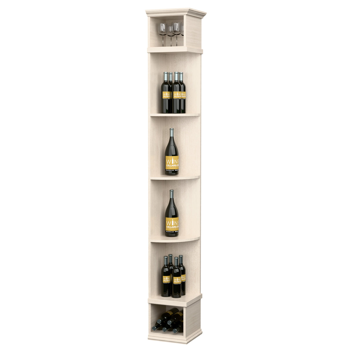 Whitewashed wood corner-style wine bottle display shelf with square base