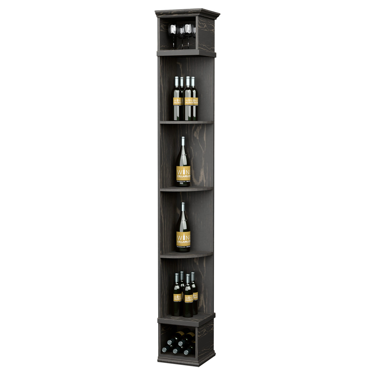 Dark wood wine bottle shelf with square base, curved corner cubbies and top display