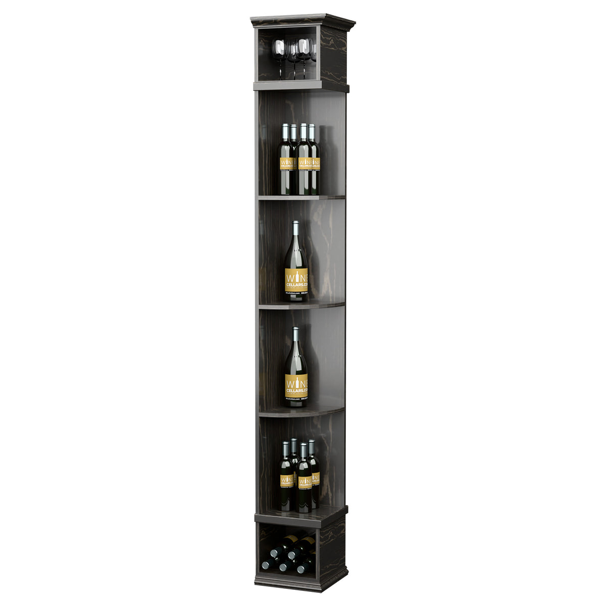 Grey wine bottle shelf with square base, curved corner compartments and top cubby