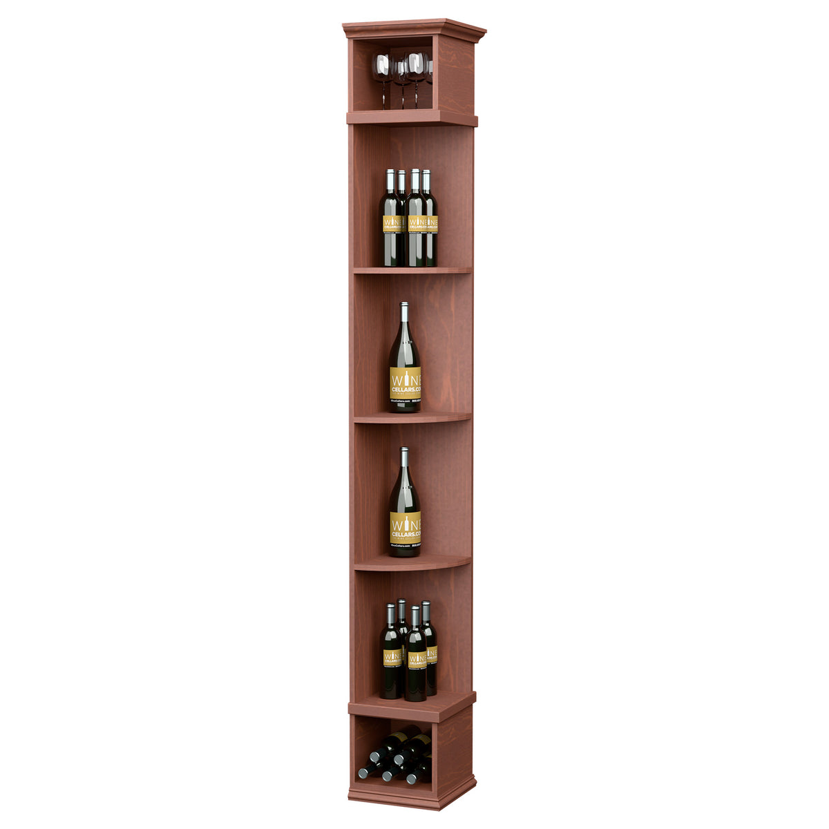 Brown wood wine bottle shelf with square base, curved shelves and top display