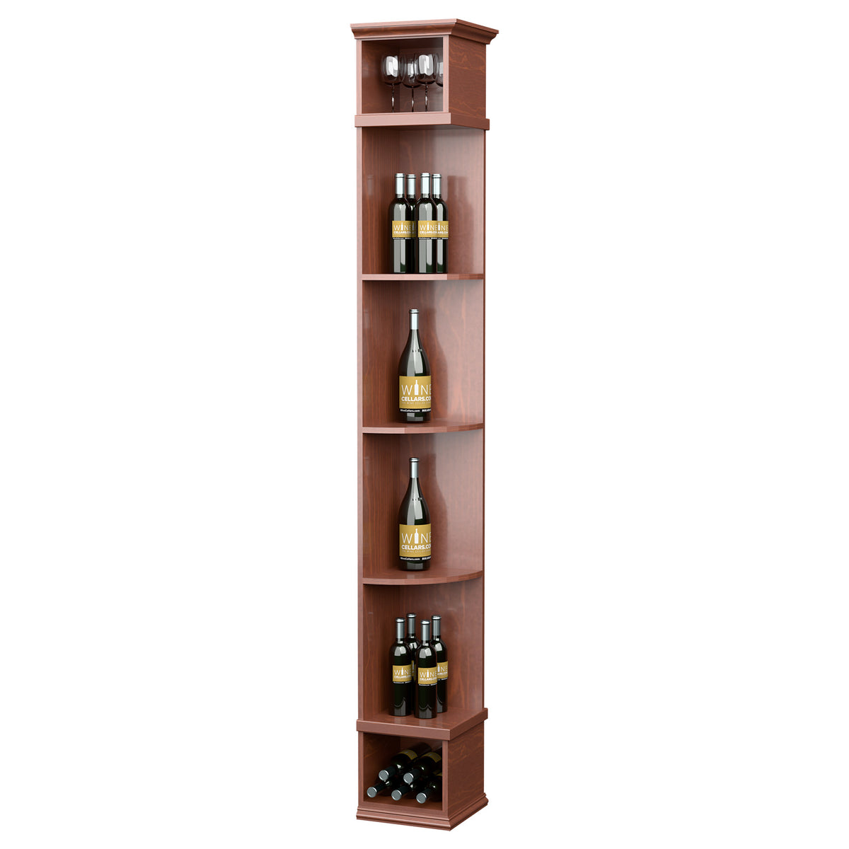 Warm brown wine bottle shelf with square base, curved corner compartments and top cubby