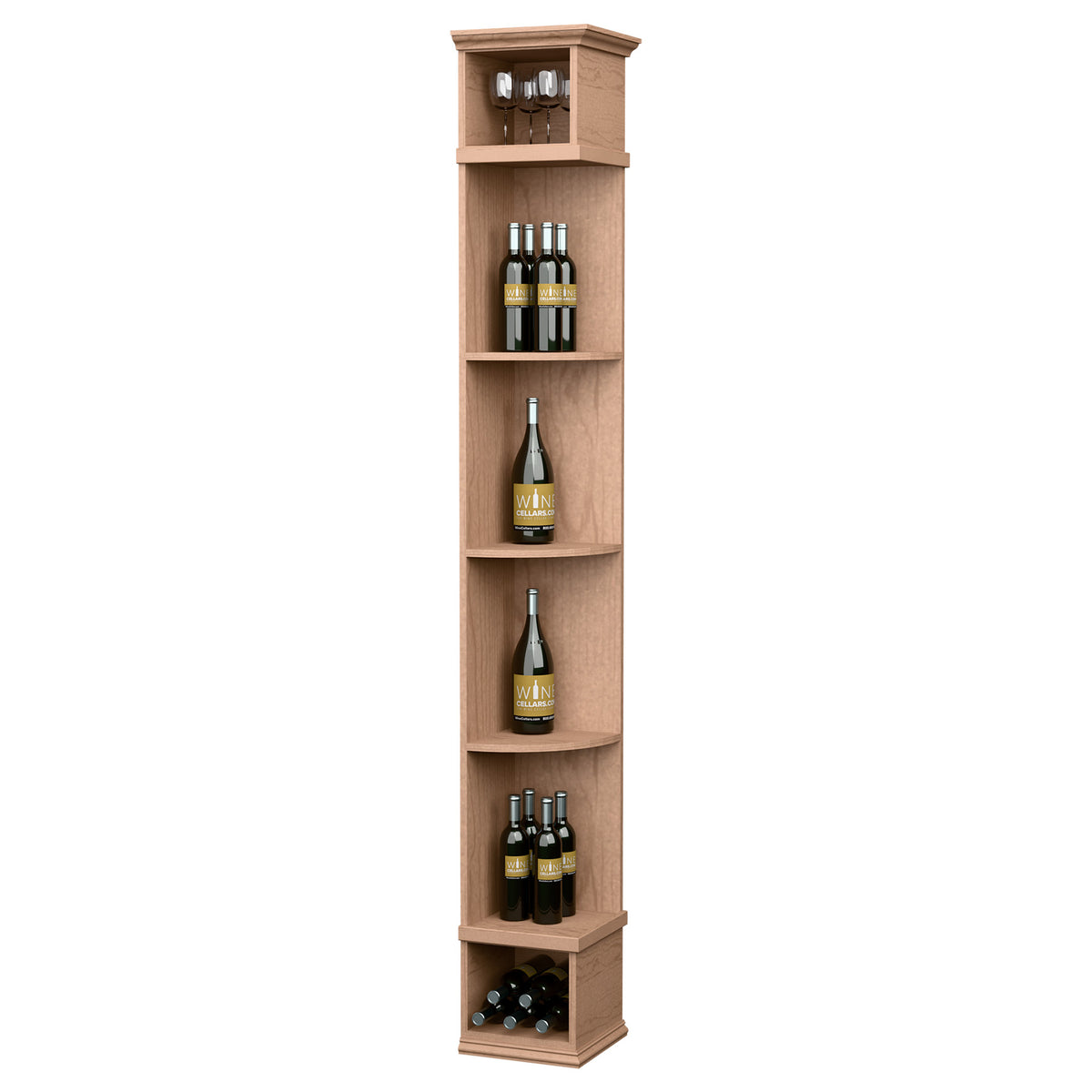 Light wood wine bottle shelf with square base, curved shelves and top display niche