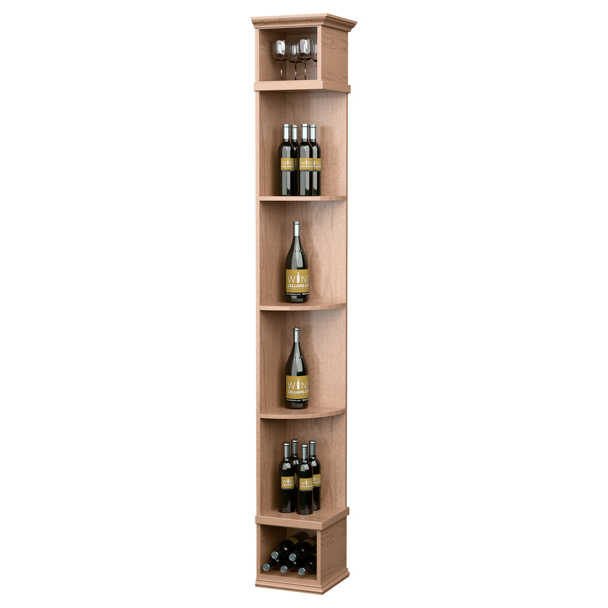 Natural-toned wood wine bottle shelf with square base, curved corner compartments