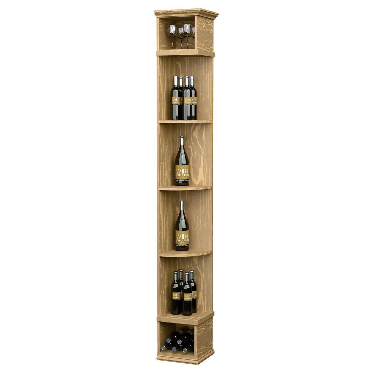 Honey wood wine bottle shelf with square base, curved shelves and top storage cubby