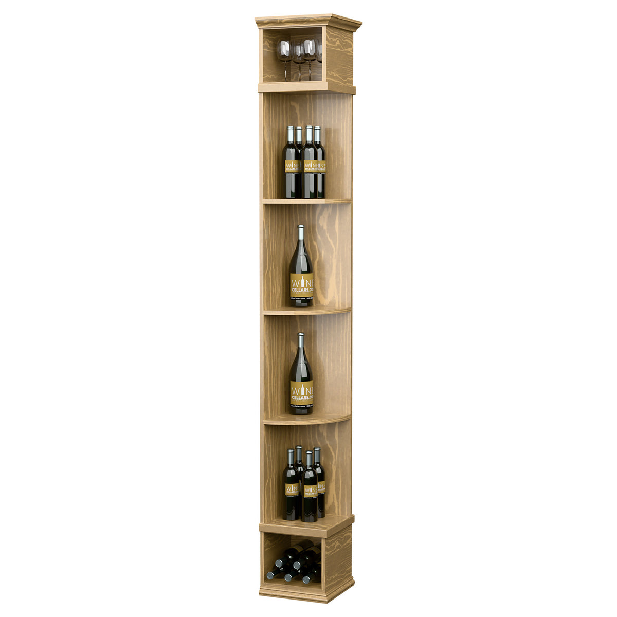 Light honey wood wine bottle shelf with square base, curved compartments and top cubby