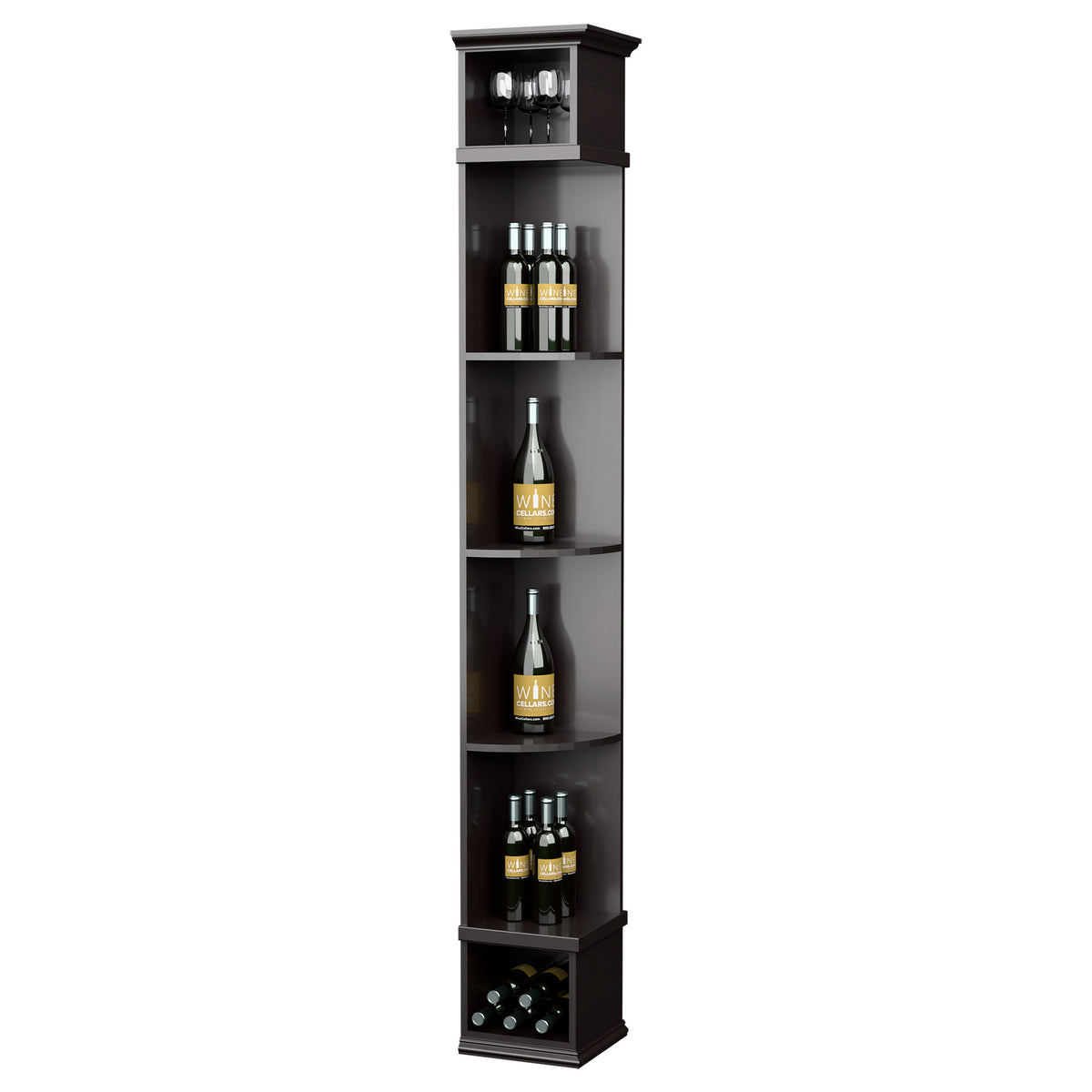 Dark grey wood wine bottle shelf with square base, curved shelves and top cubby