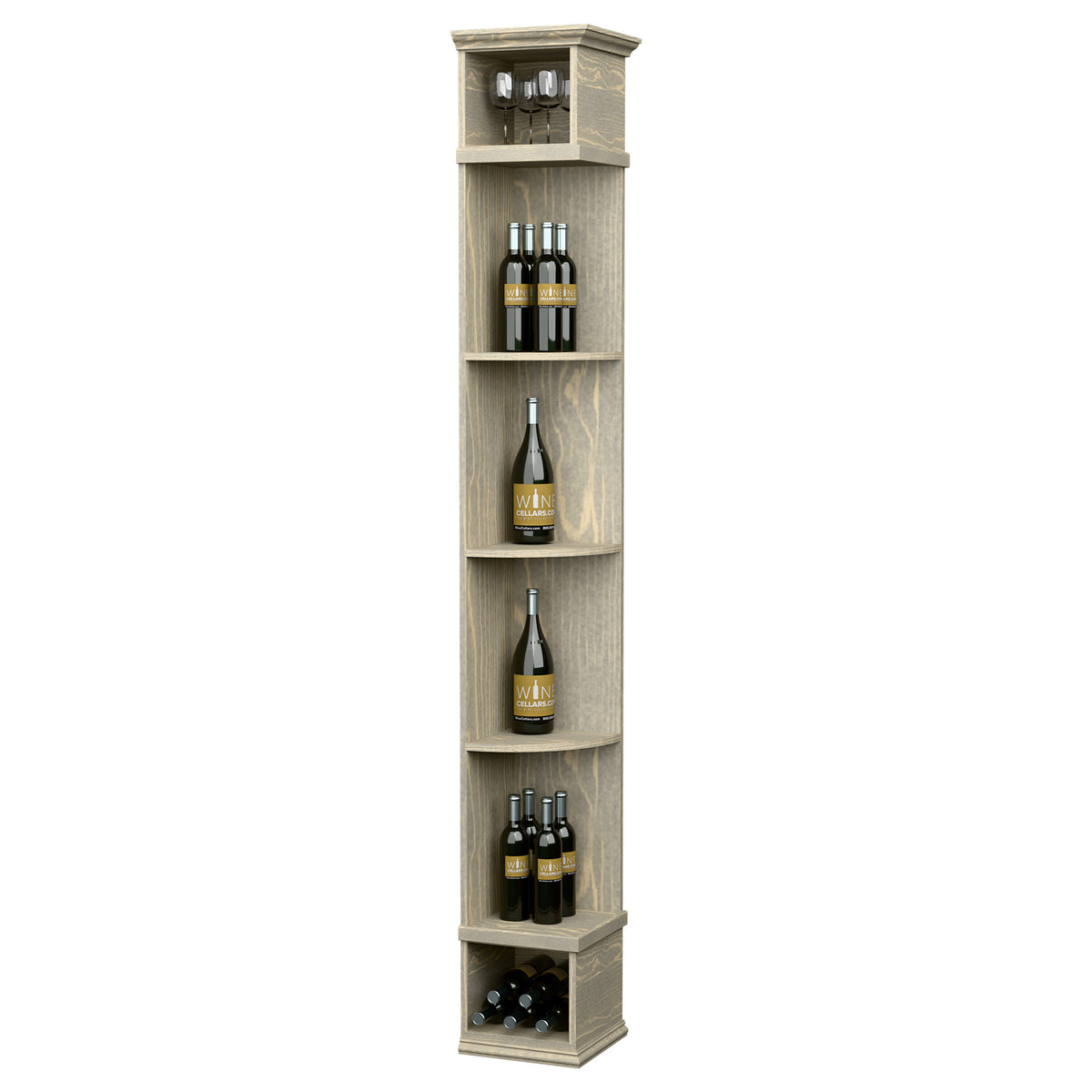 Quarter-round wine shelf with square base, whitewashed wood, bottle and glass storage