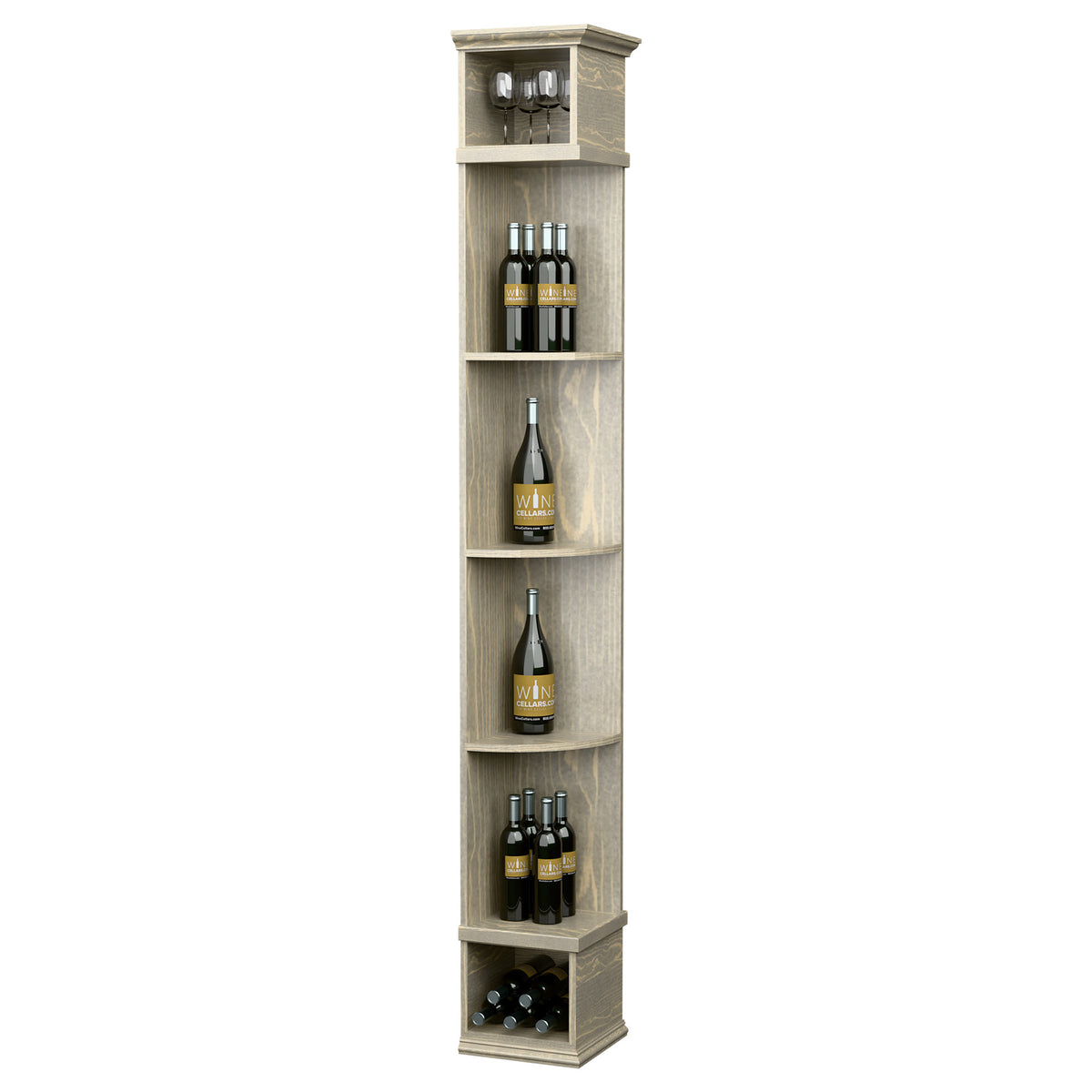 Quarter-round wine shelf with square base, whitewashed wood, wine bottles on curved shelves