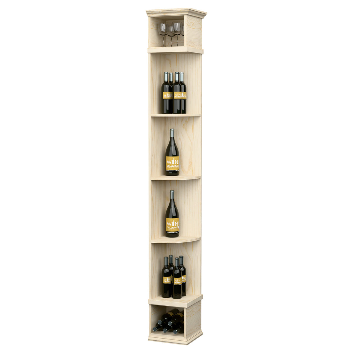 Quarter-round wine shelf with square base, light wood finish, curved shelves for bottles
