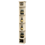 Quarter-round wine shelf with square base, light wood finish, curved shelves for bottles