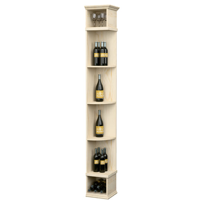 Quarter-round wine shelf with square base, light wood finish, curved shelves for bottles