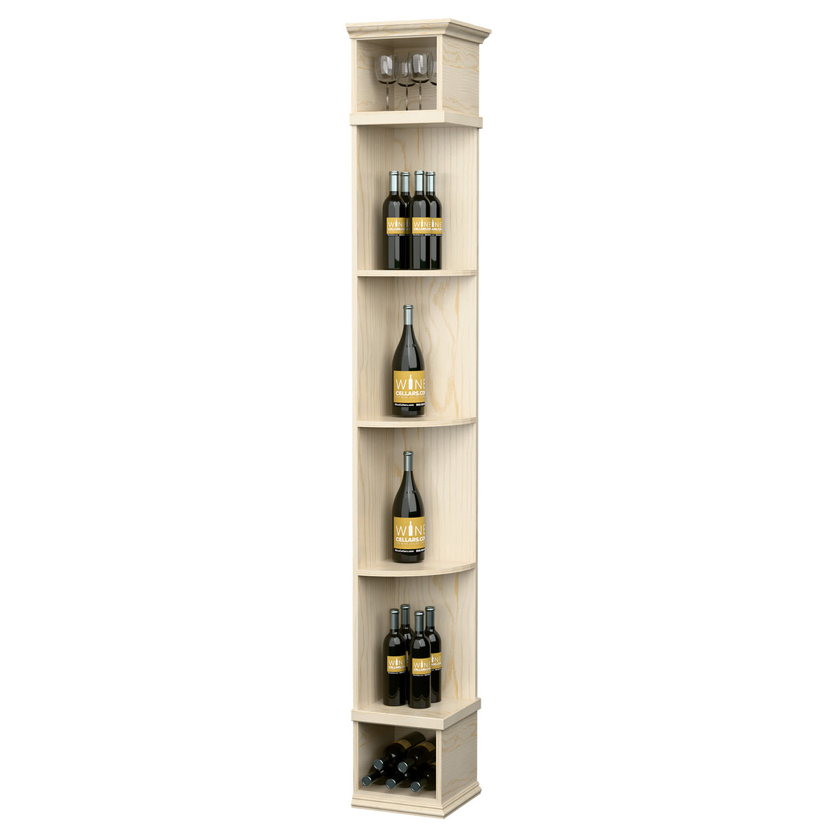 Quarter-round wine shelf with square base, light wood finish, top glass holder and bottle cubbies