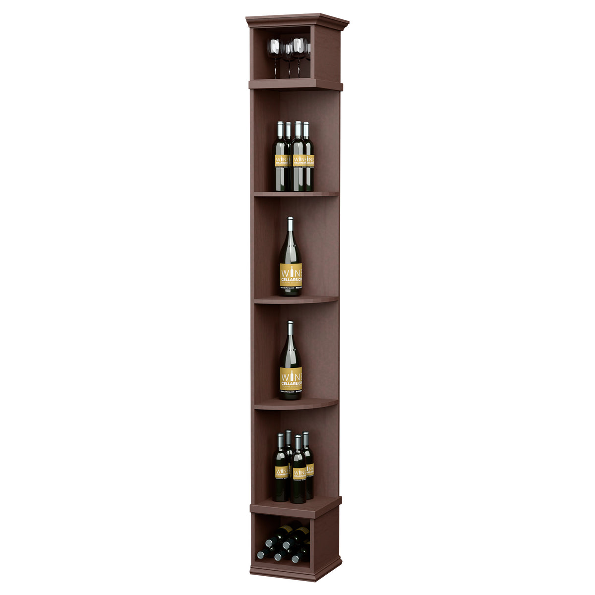 Quarter-round wine shelf with square base, dark stained wood, curved bottle shelves