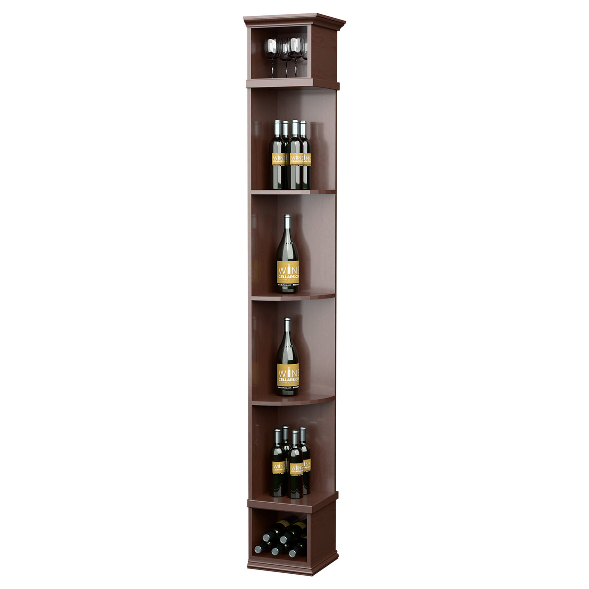 Quarter-round wine shelf with square base, dark stained wood, bottle and wine glass storage
