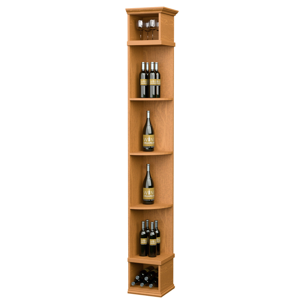 Quarter-round wine shelf with square base, honey wood finish, curved shelves for wine bottles