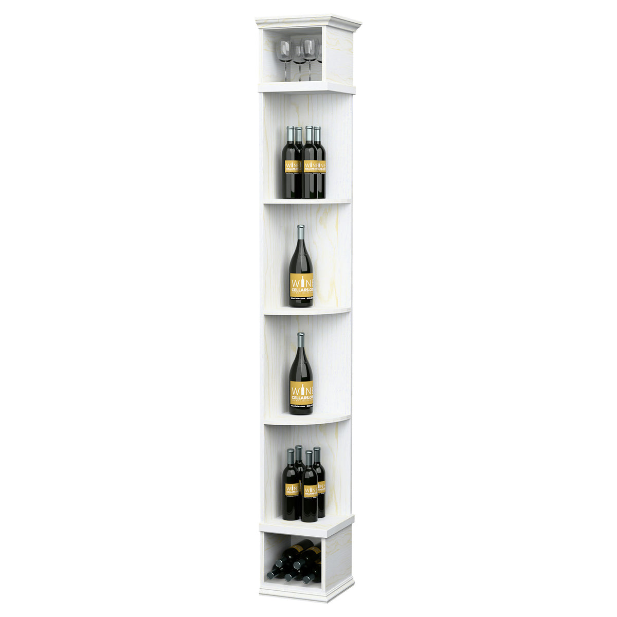 Quarter-round wine shelf with square base, white wood finish, curved shelves for wine bottles
