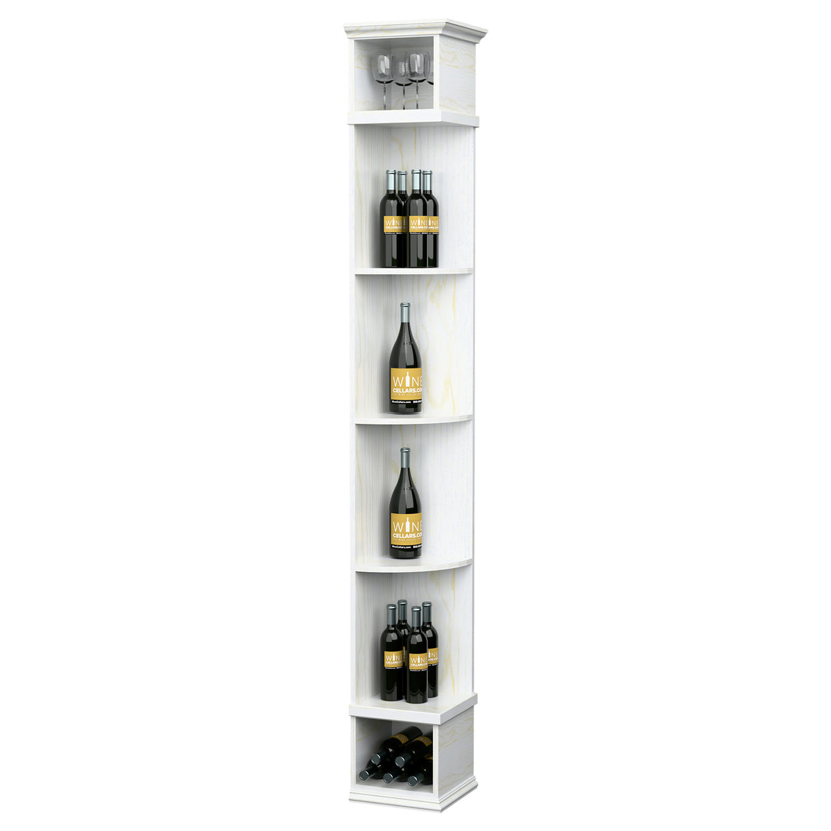 Quarter-round wine shelf with square base, white wood finish, bottle and glass display storage