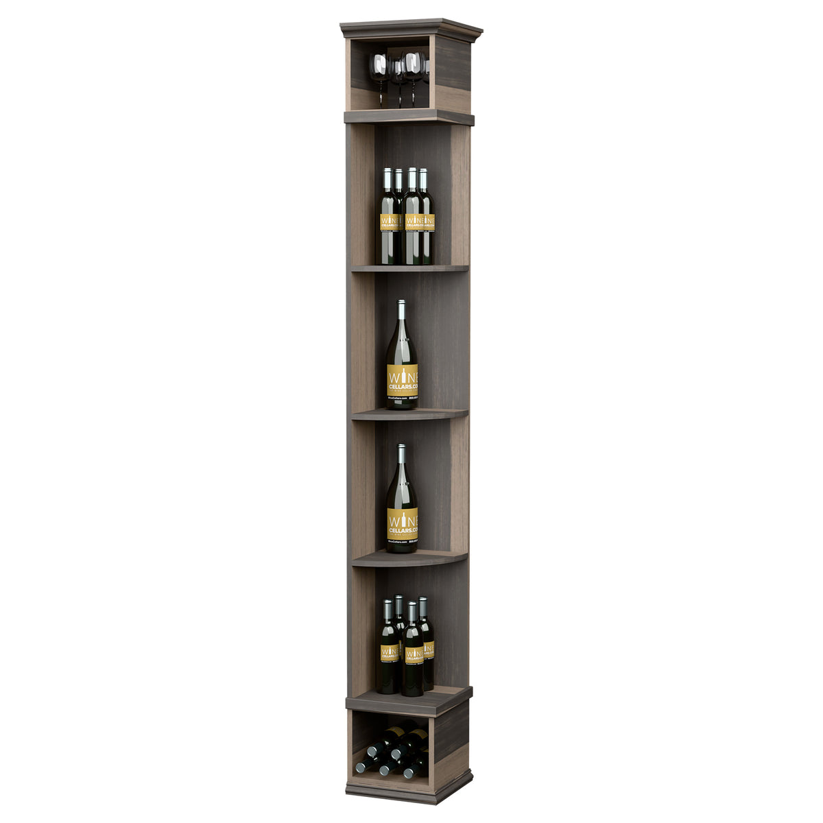 Dark-finished quarter-round wine shelf with square base and bottle display cubbies