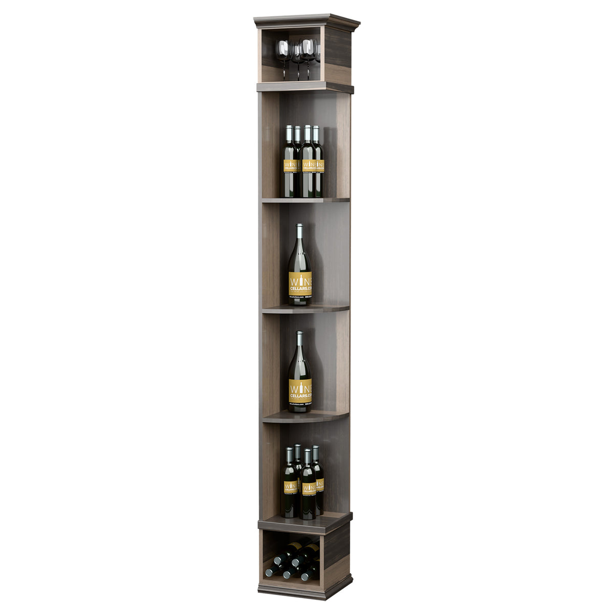 Gray stained quarter-round wine shelf with square base and bottle storage compartments