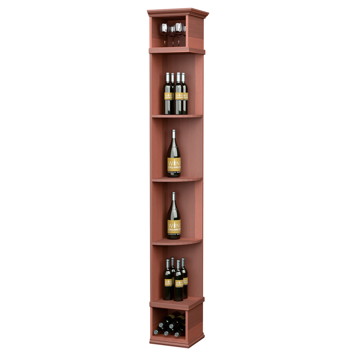 Reddish-brown quarter-round wine shelf with square base and bottle display shelves