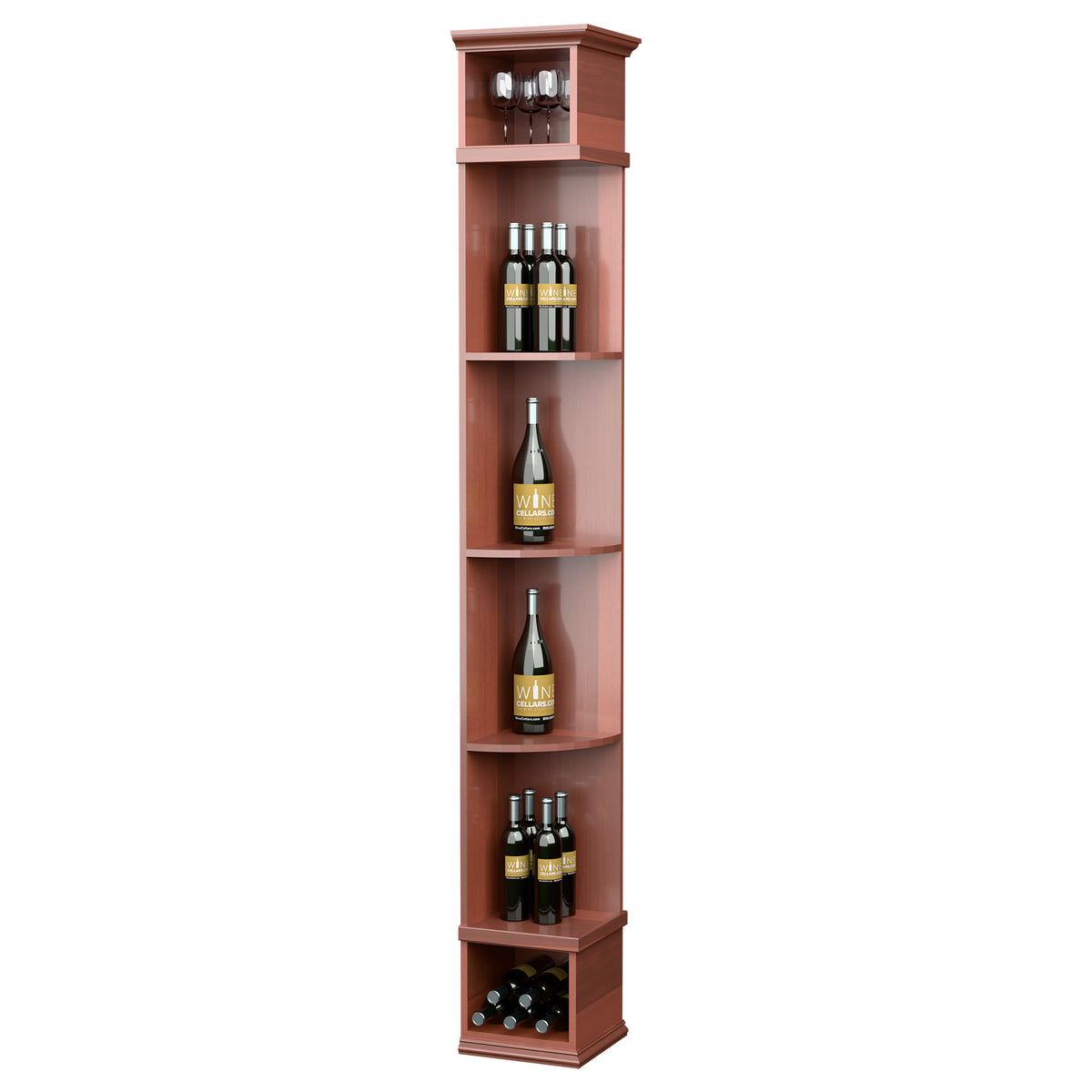 Warm reddish quarter-round wine shelf with square base and multiple bottle cubbies