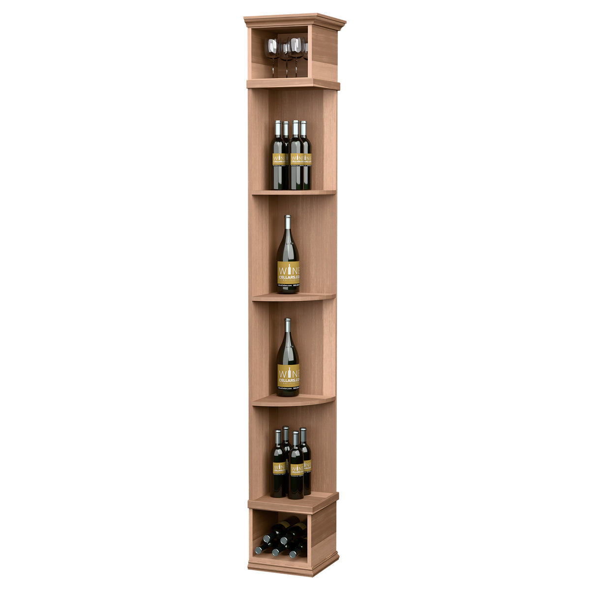 Light wood quarter-round wine shelf with square base and bottle storage openings