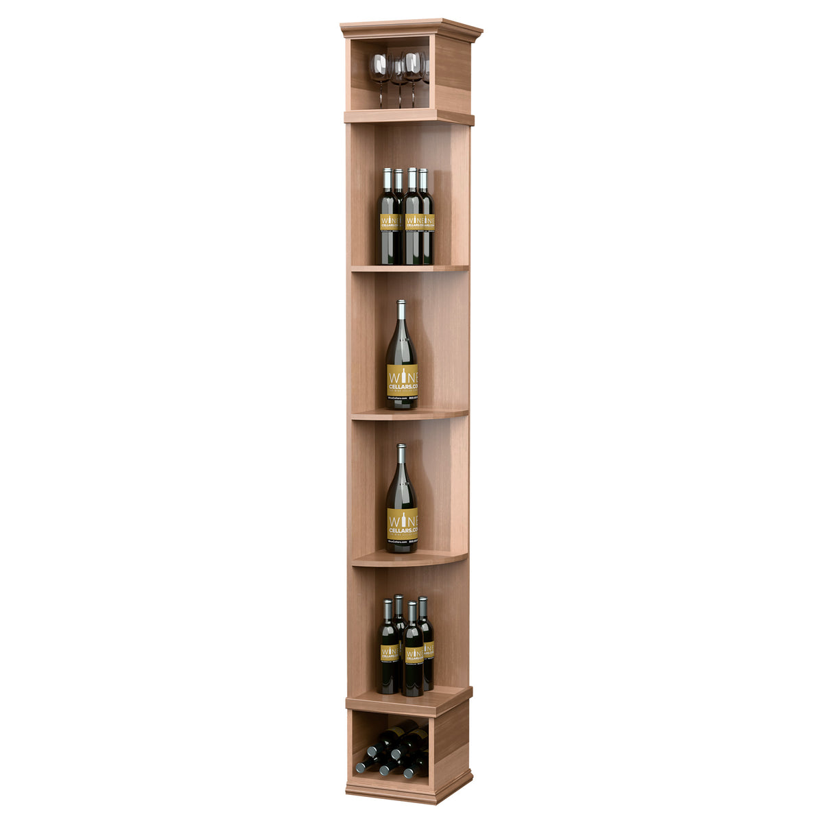 Honey-colored quarter-round wine shelf with square base and wine bottle display areas