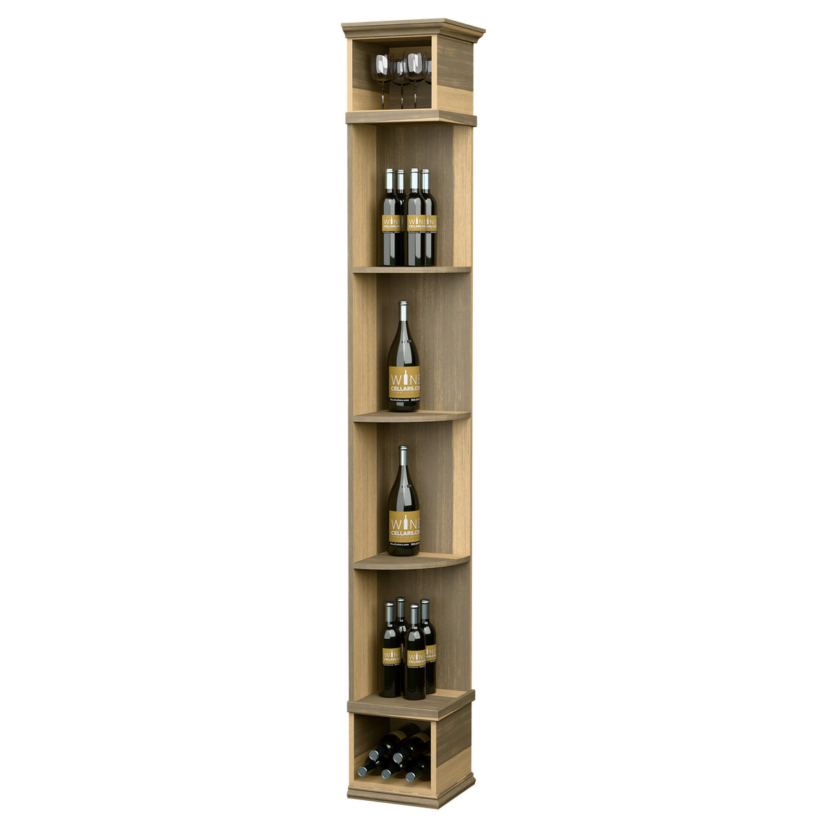 Natural wood quarter-round wine shelf with square base and tiered bottle shelves