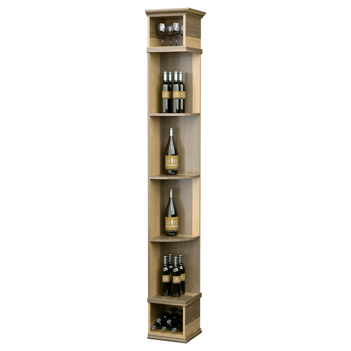 Pale wood quarter-round wine shelf with square base and bottle display compartments