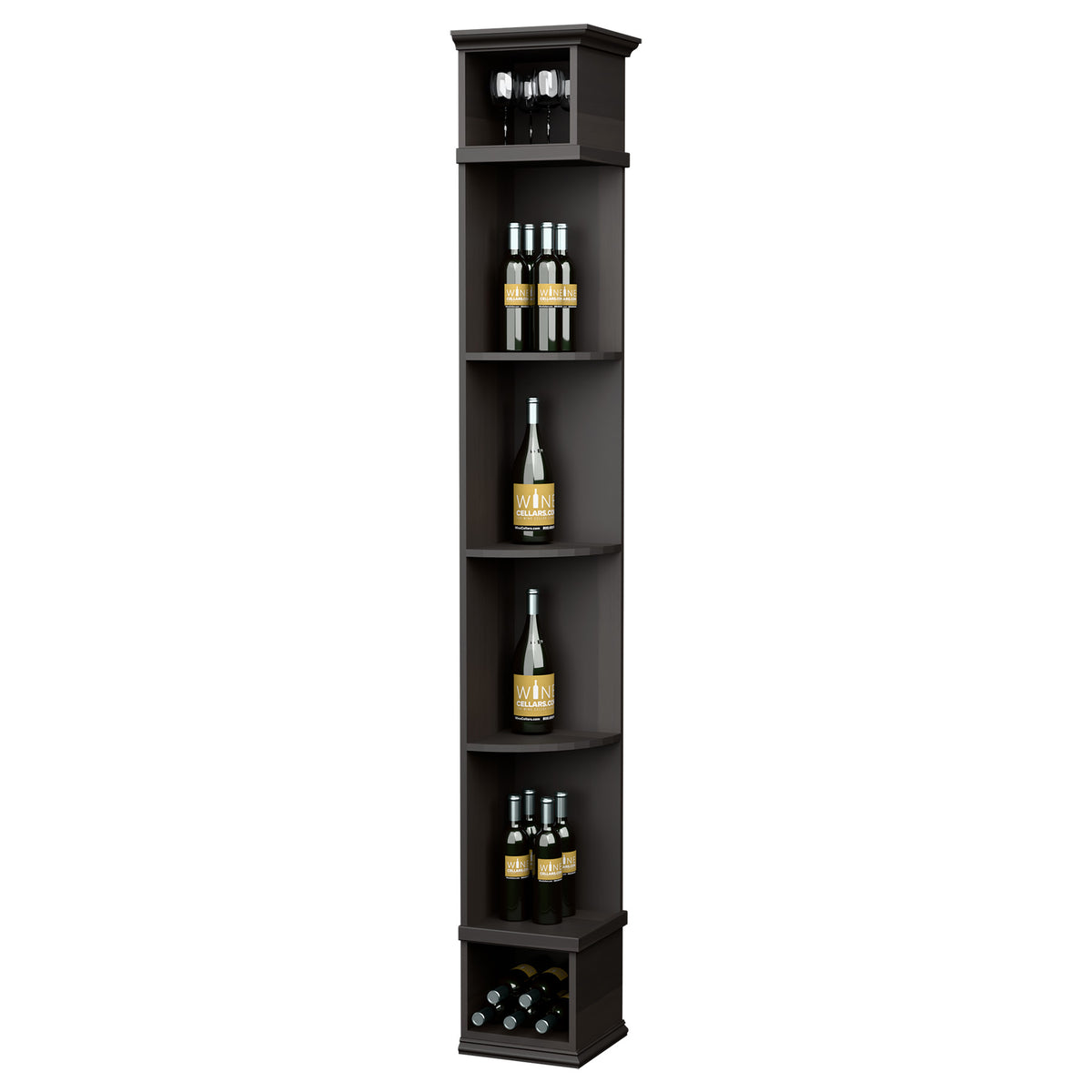 Black quarter-round wine shelf with square base and stacked bottle and glass storage
