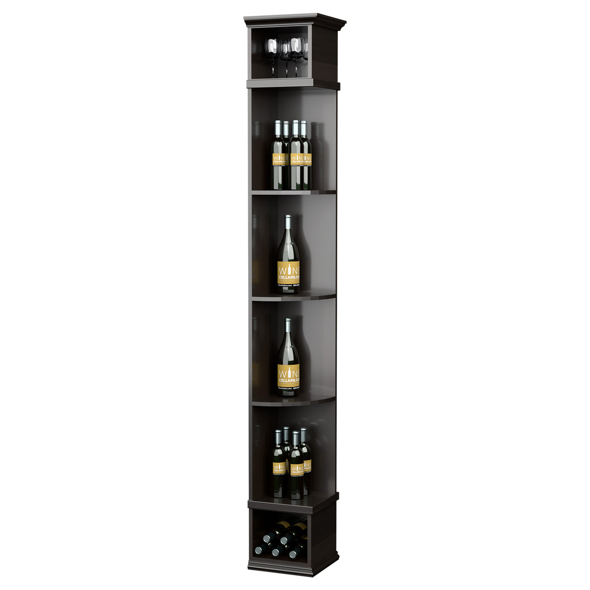 Dark espresso quarter-round wine shelf with square base and tiered wine bottle cubbies