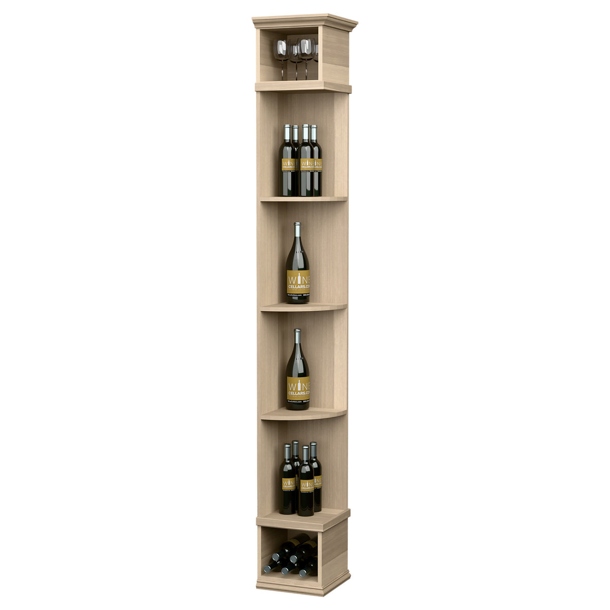 Light wood wine storage shelf with square base and curved bottle cubbies