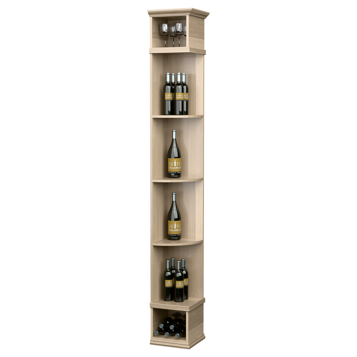 Light wood tall wine shelf with square base, curved bottle shelves and top lights