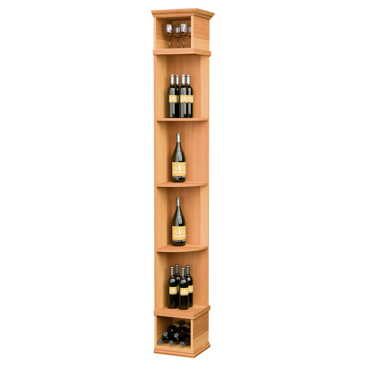 Orange-brown wine storage shelf with square base and curved bottle shelves