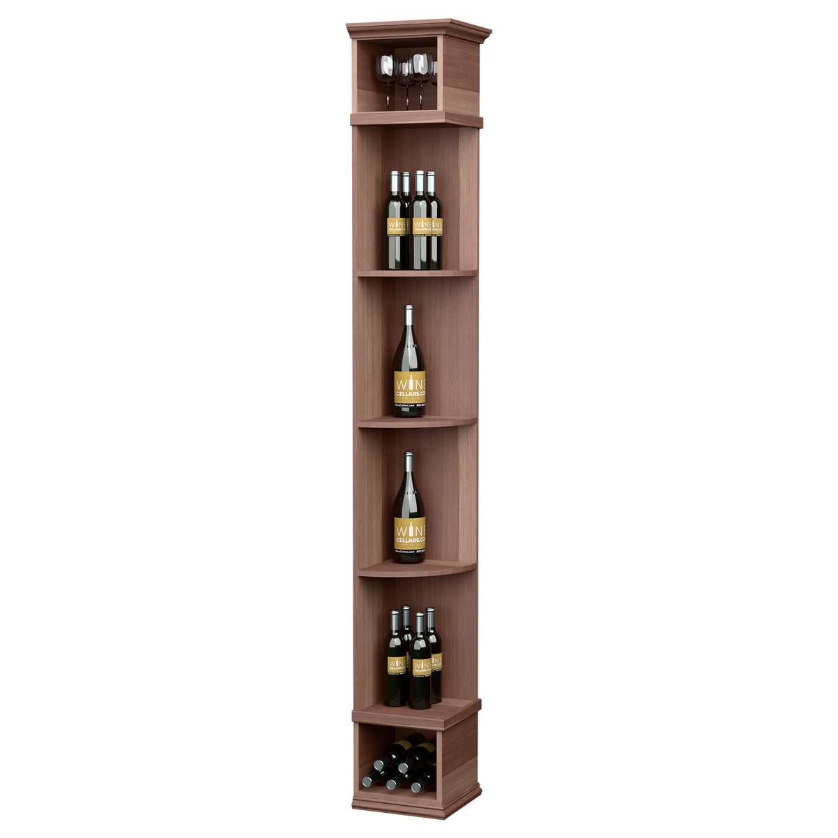 Medium brown wine storage shelf with square base and curved bottle shelves