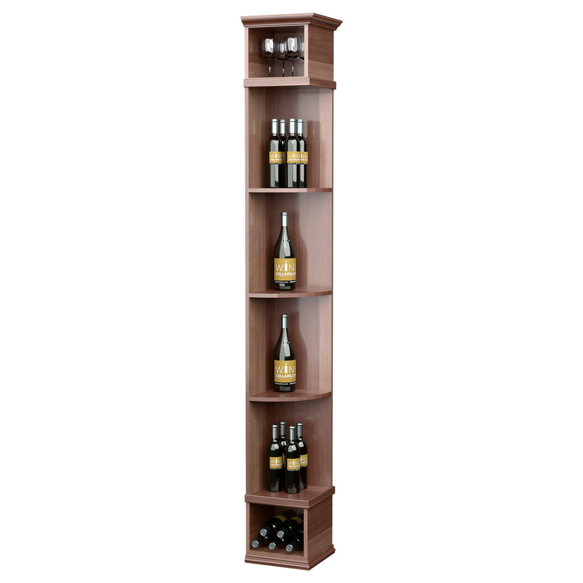 Medium brown tall wine shelf with square base, curved cubbies and top lights