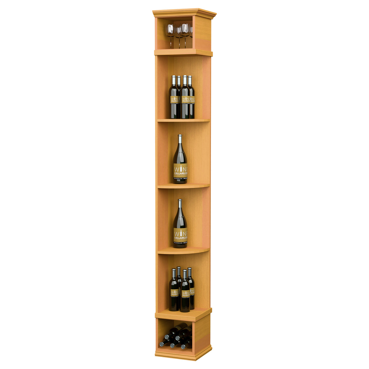 Golden wood wine storage shelf with square base and curved bottle shelves