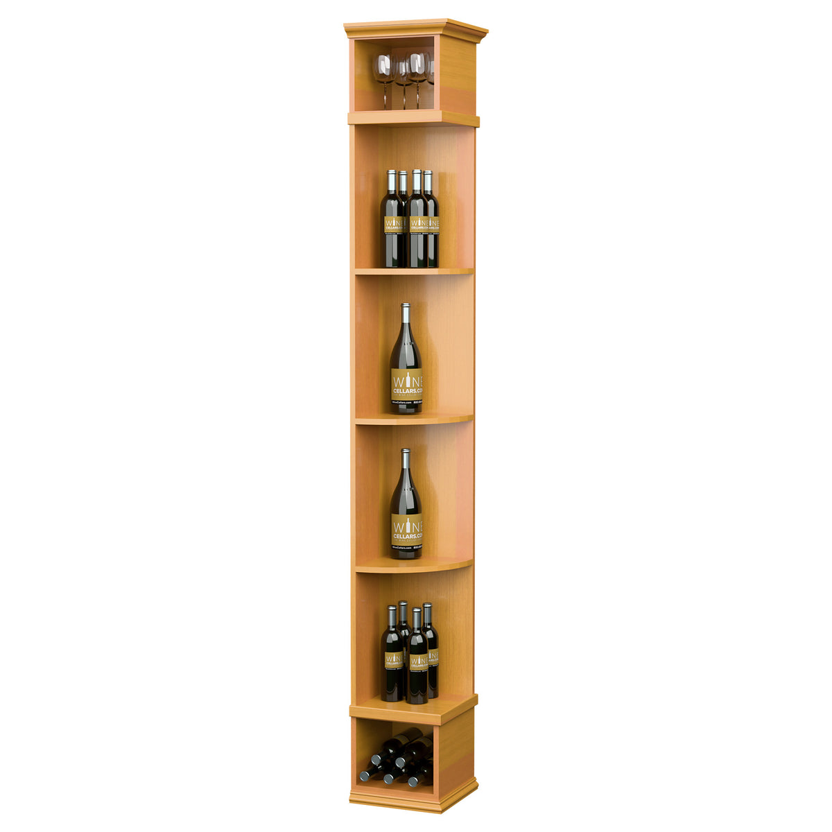 Golden wood tall wine shelf with square base, curved cubbies and top lights