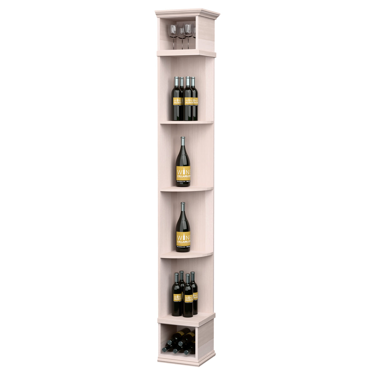 White wine storage shelf with square base and curved bottle shelves