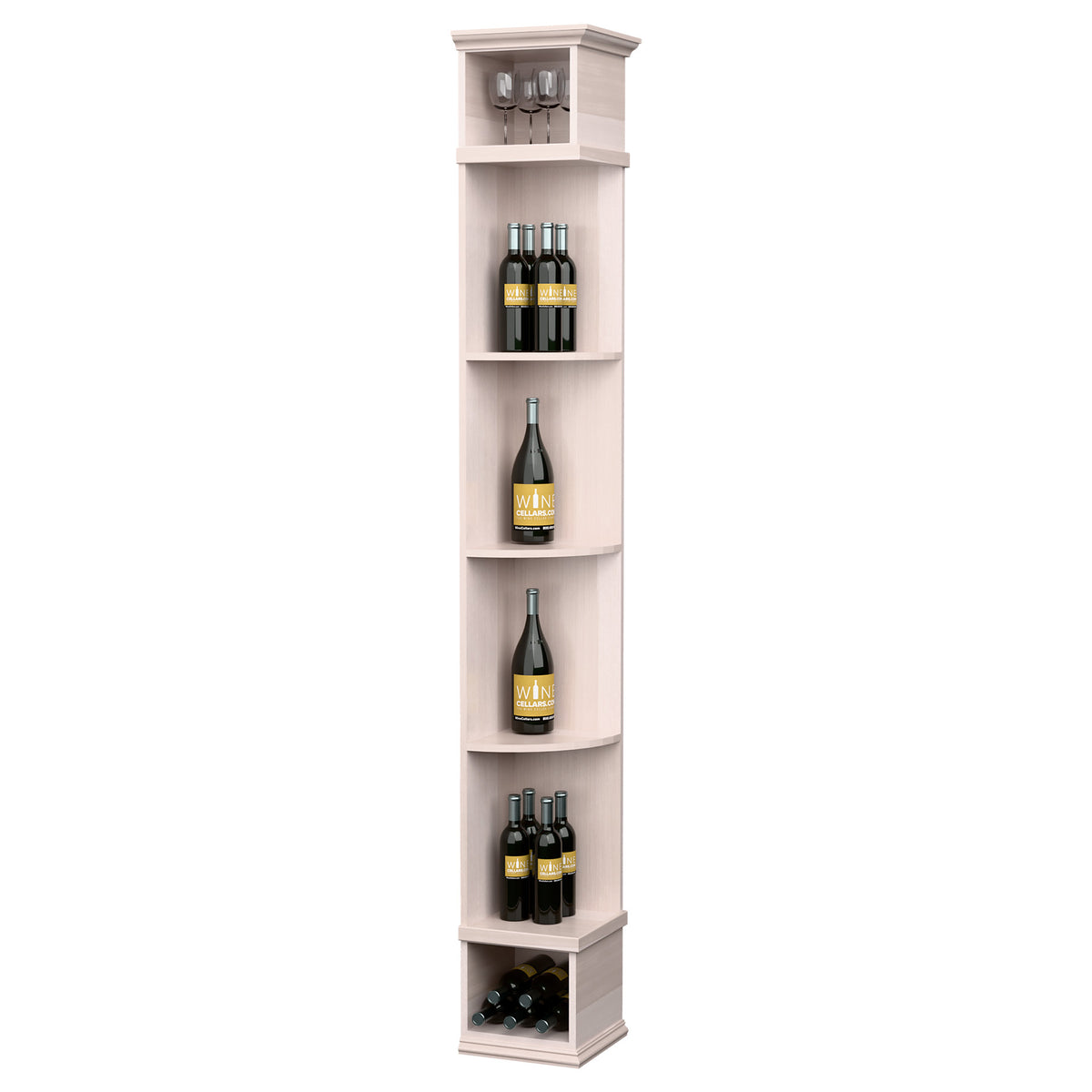 White tall wine shelf with square base, curved cubbies and top lights